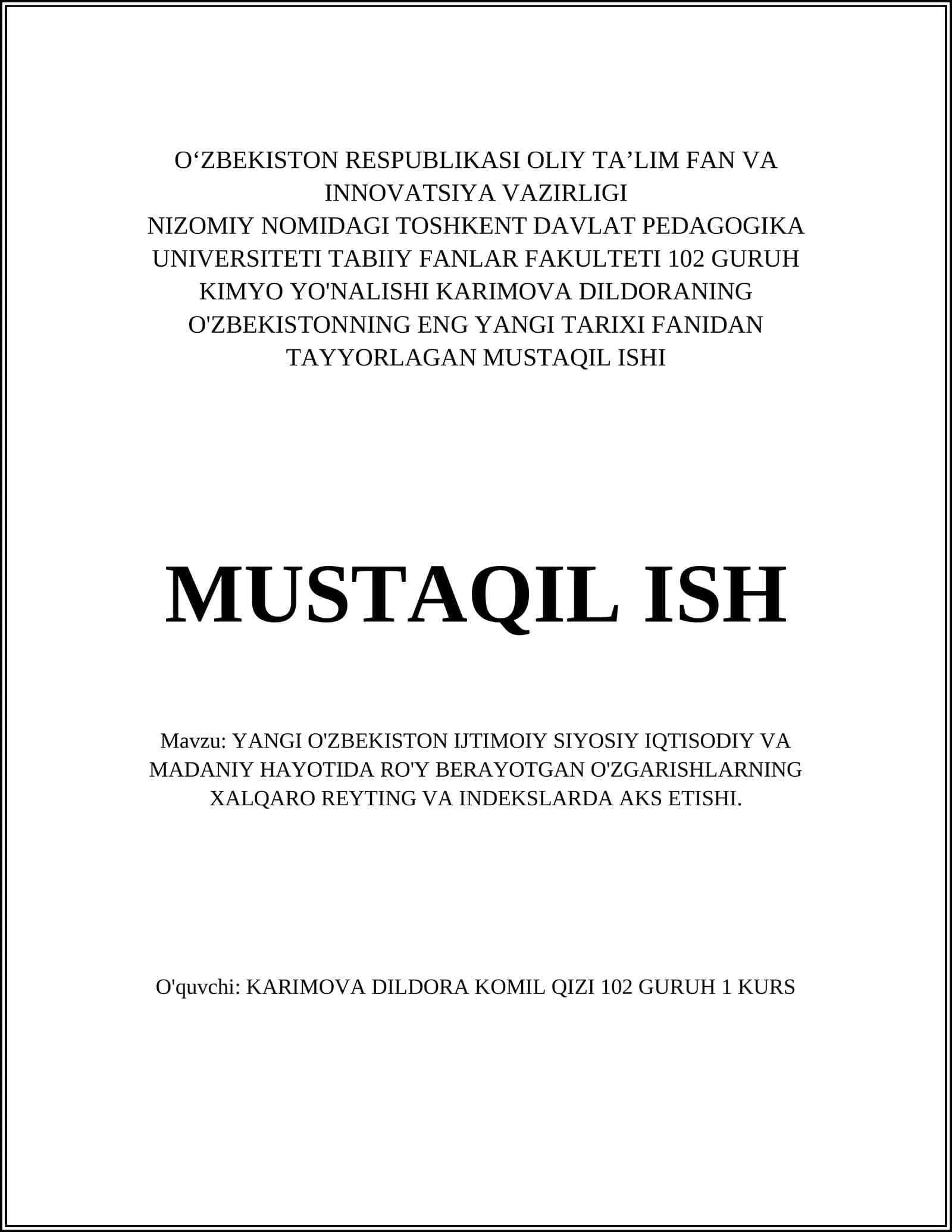 Yangi O'zbekiston Ijtimoiy Siyosiy Iqtisodiy va Madaniy Hayotida Ro'y Berayotgan O'zgarishlar Xalqaro Reyting va Indeksarda Akis etishi 1