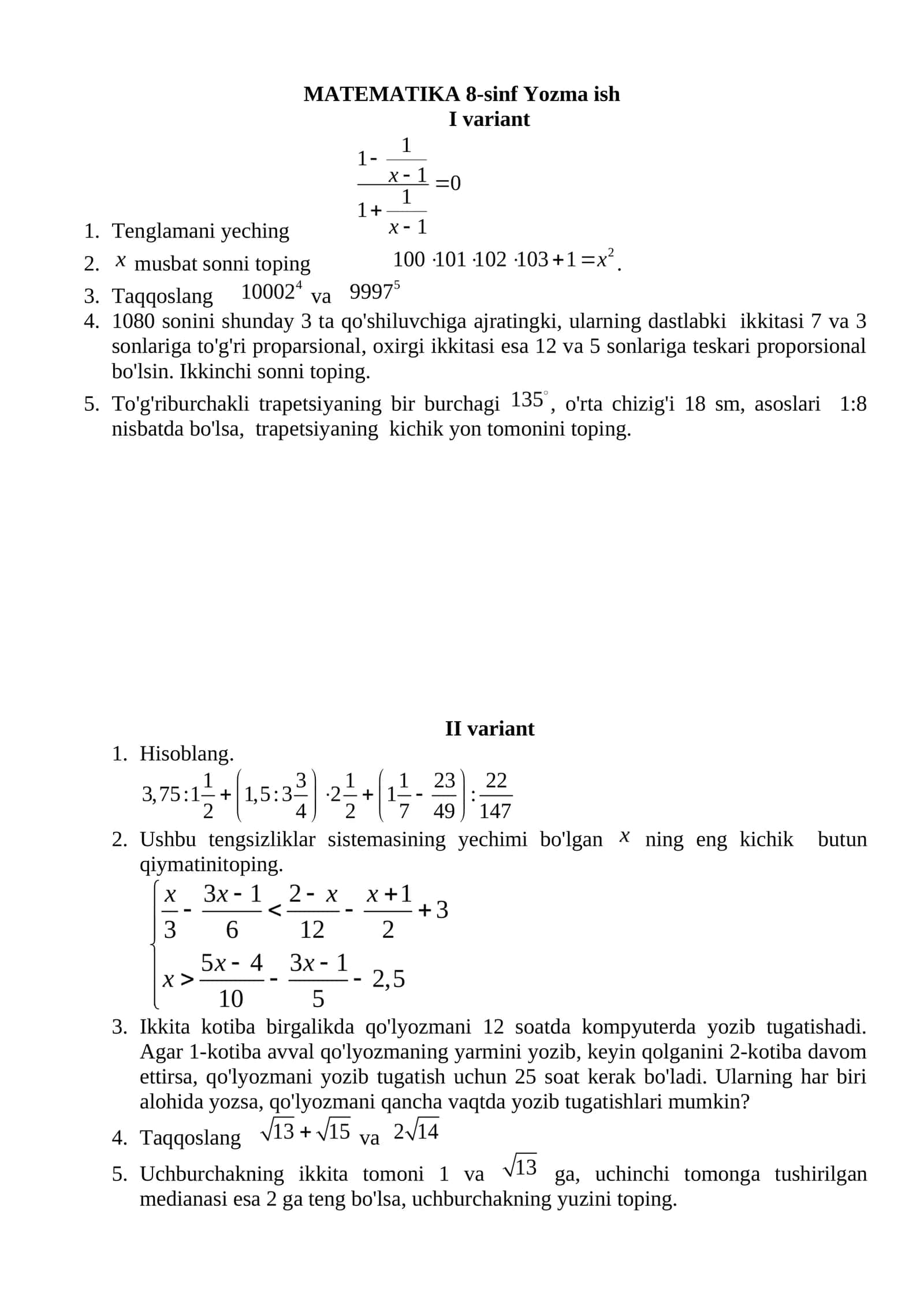 MATEMATIKA 8-sinf Yozma ish 1