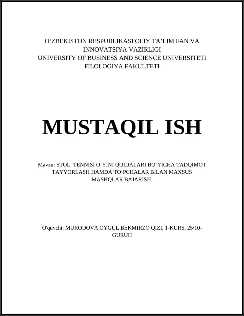 STOL TENNISI OʻYINI QOIDALARI BOʻYICHA TADQIMOT TAYYORLASH HAMDA TOʼPCHALAR BILAN MAXSUS MASHQLAR BAJARISH 1
