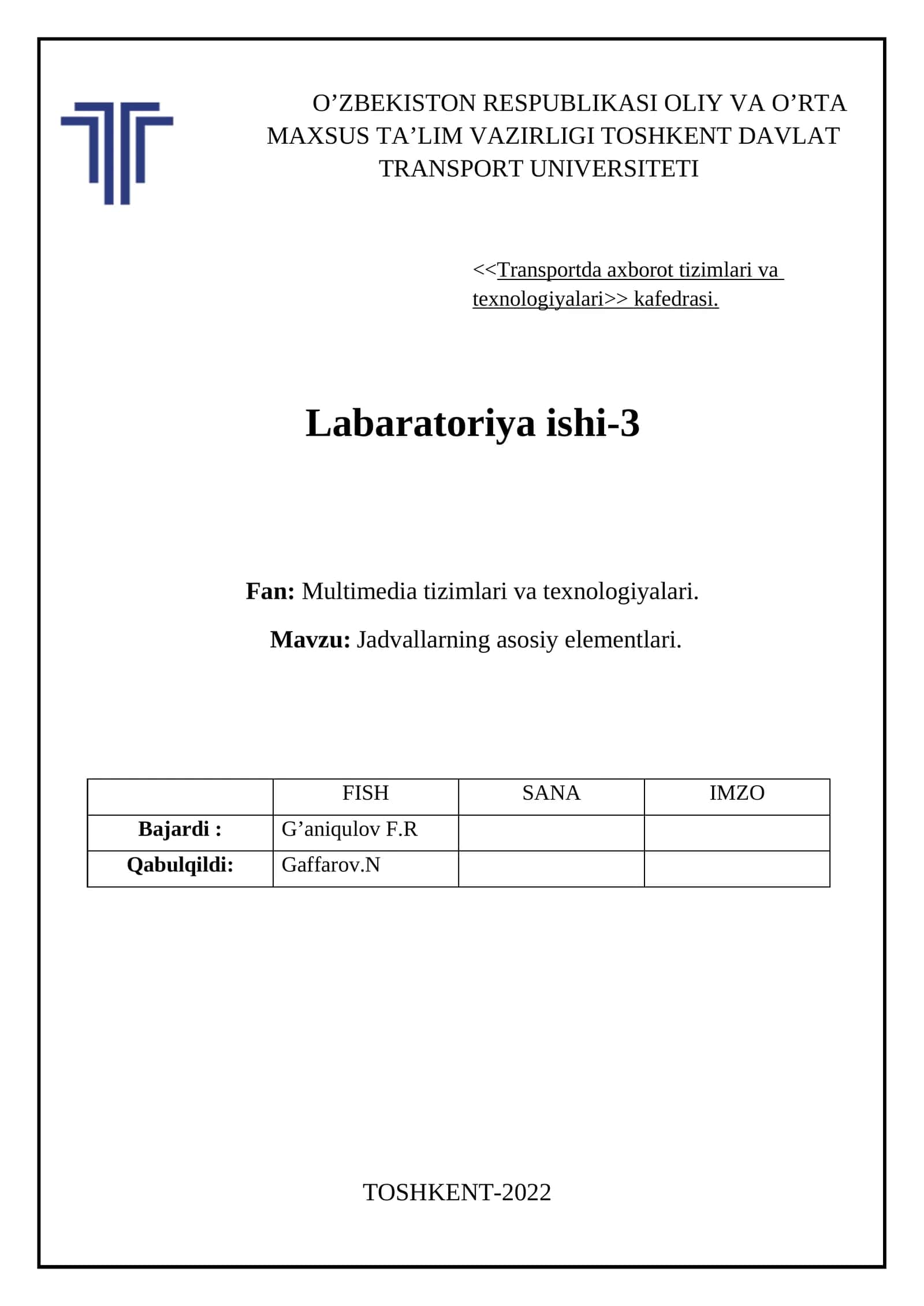 Mavzu: Jadvallarning asosiy elementlari 1