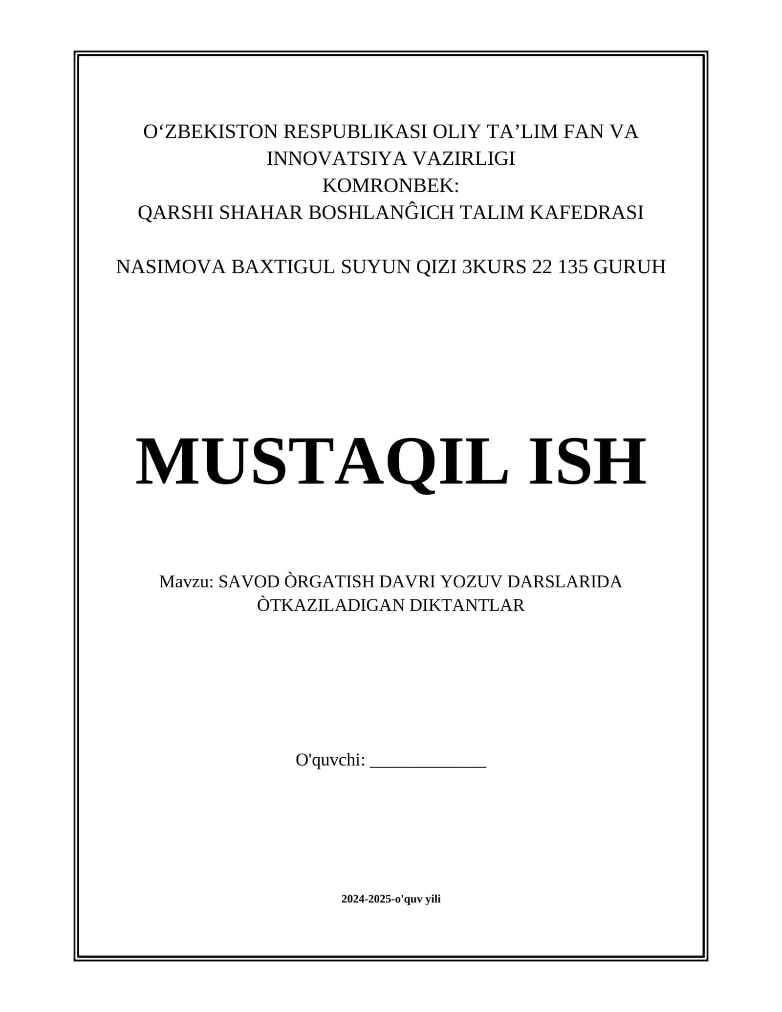 SAVOD ÒRGATISH DAVRI YOZUV DARSLARIDA ÒTKAZILADIGAN DIKTANTLAR 1