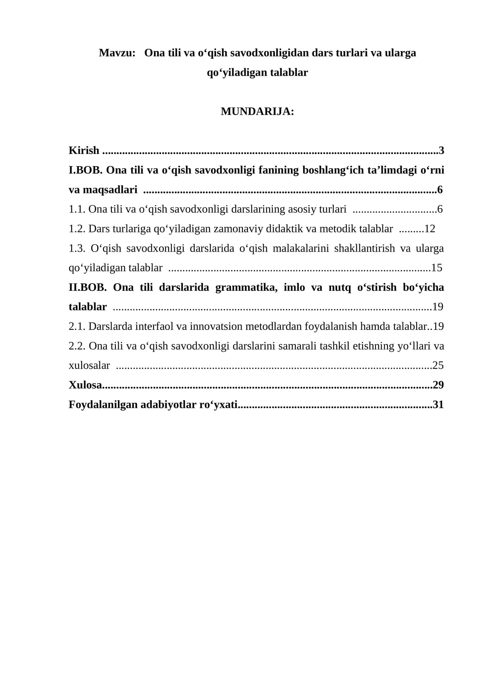 Ona tili va o‘qish savodxonligidan dars turlari va ularga qo‘yiladigan talablar 1