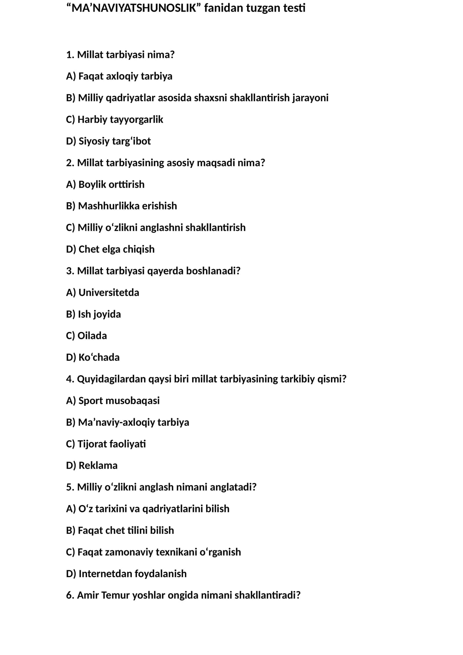 "MA’NAVIYATSHUNOSLIK" fanidan tuzgan testi 1