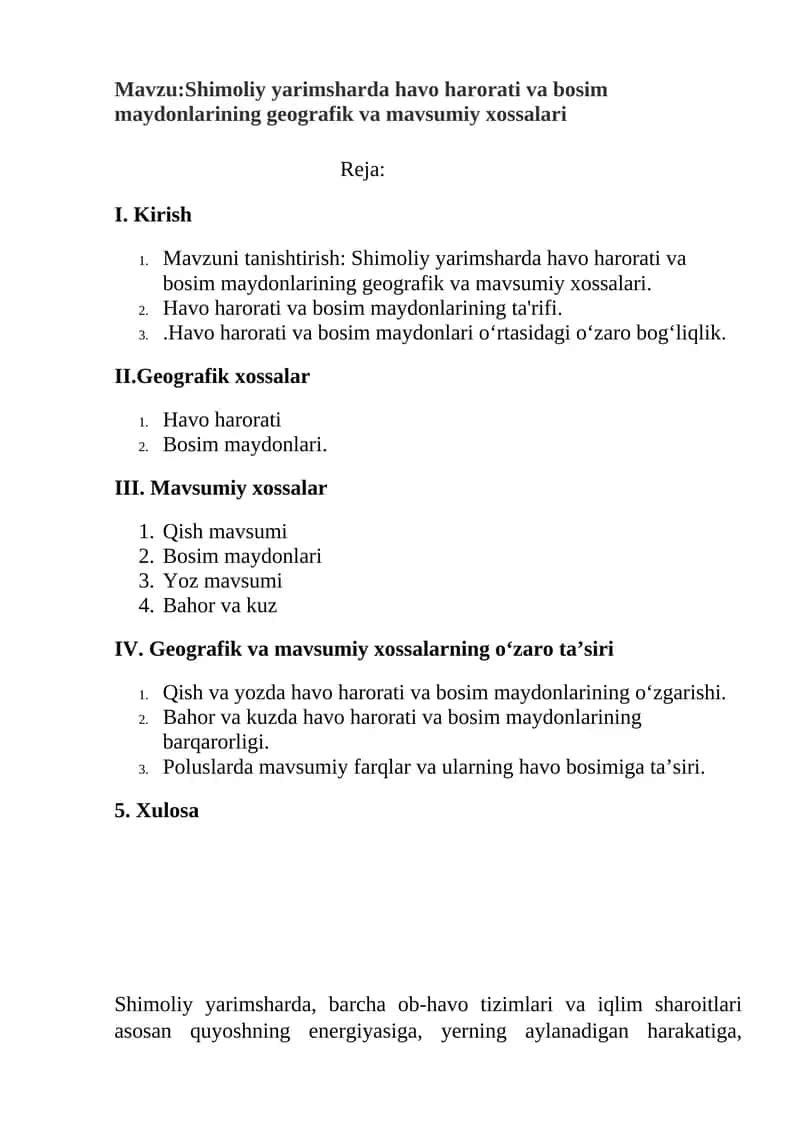 Shimoliy yarimsharda havo harorati va bosim maydonlarining geografik va mavsumiy xossalari 1