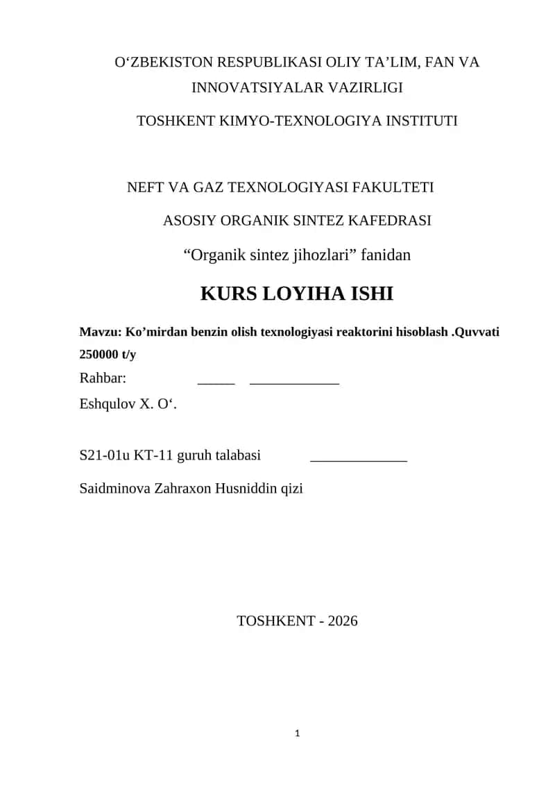 Ko’mirdan benzin olish texnologiyasi reaktorini hisoblash 1