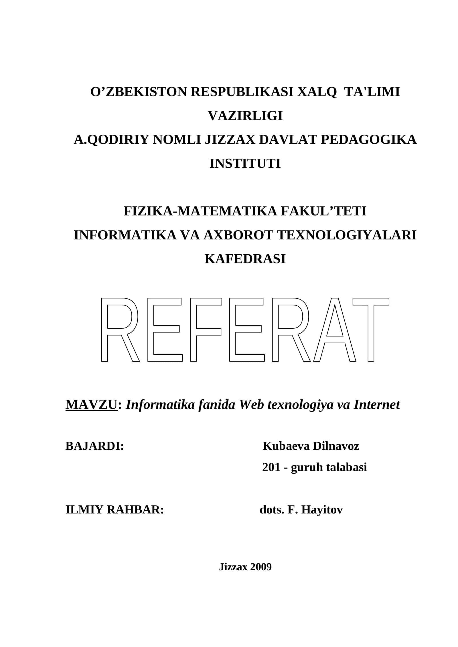 INFORMATIKA FANIDA WEB TEXNOLOGIYA VA INTERNET 1