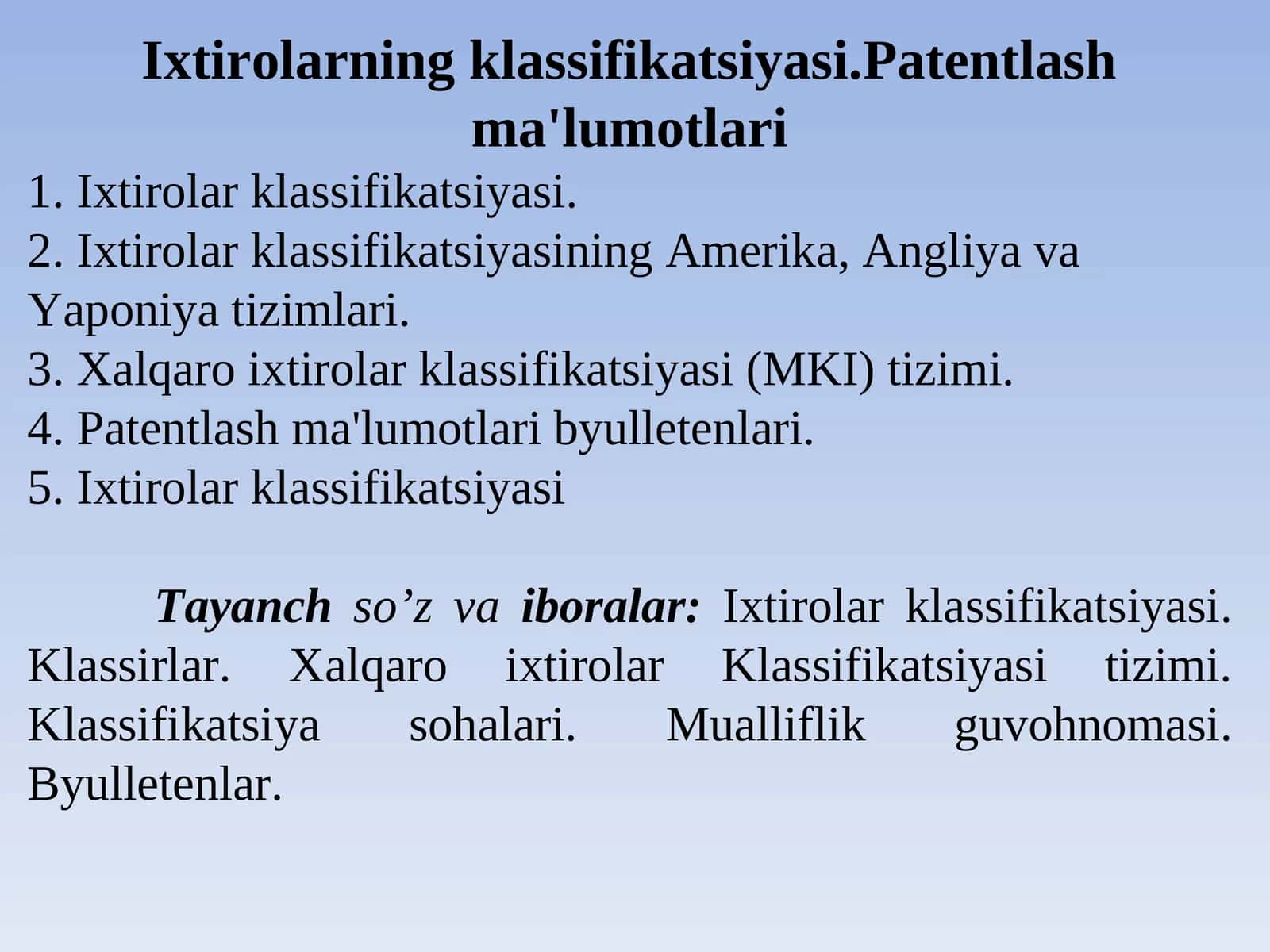 Ixtirolarning klassifikatsiyasi.Patentlash ma'lumotlari 1