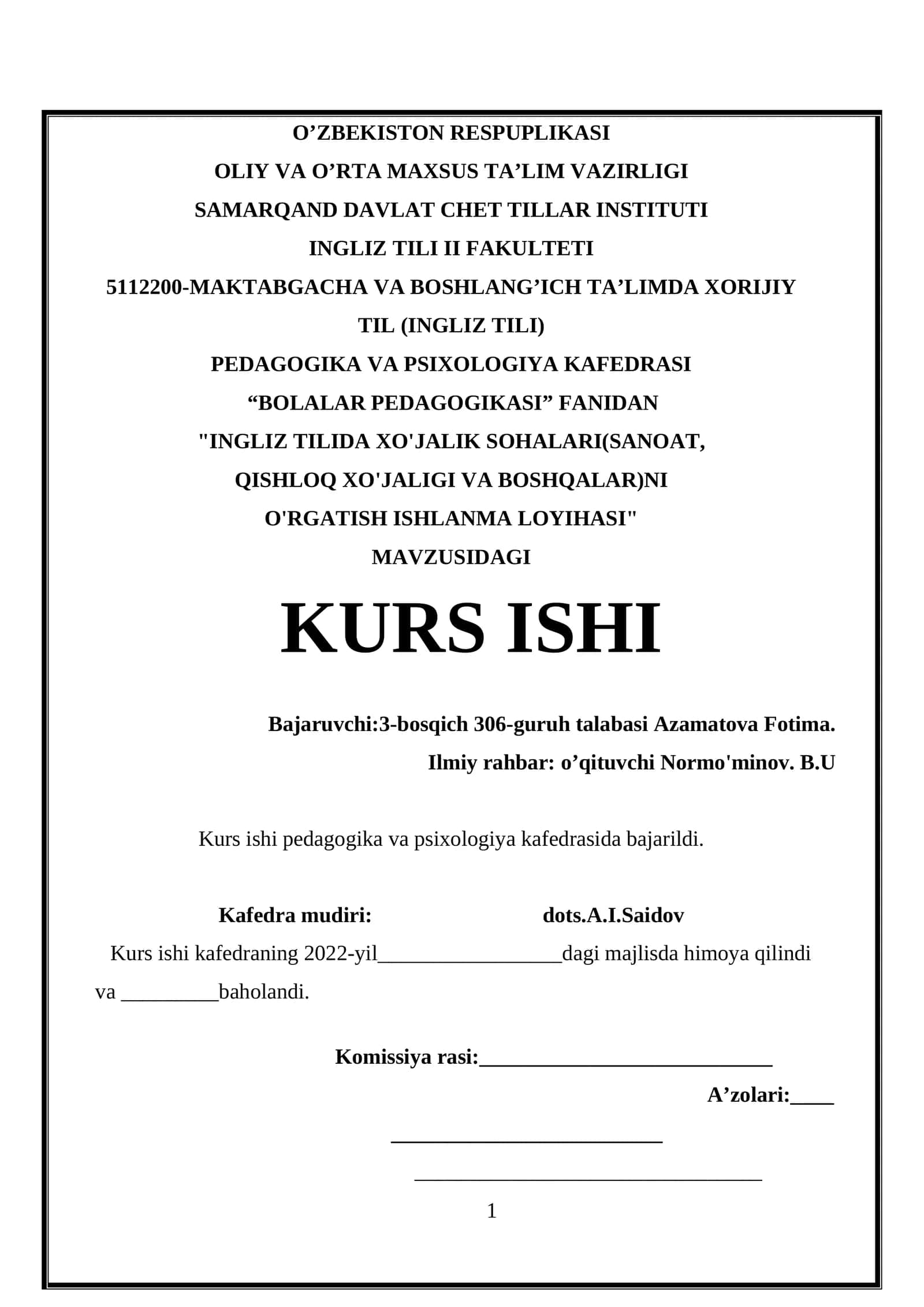 "INGLIZ TILIDA XO'JALIK SOHALARI(SANOAT, QISHLOQ XO'JALIGI VA BOSHQALAR)NI O'RGATISH ISHLANMA LOYIHASI" 1