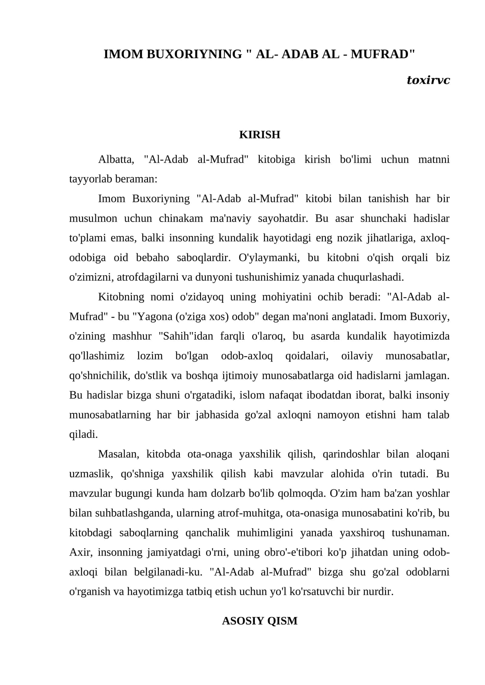 IMOM BUXORIYNING " AL- ADAB AL - MUFRAD" 1