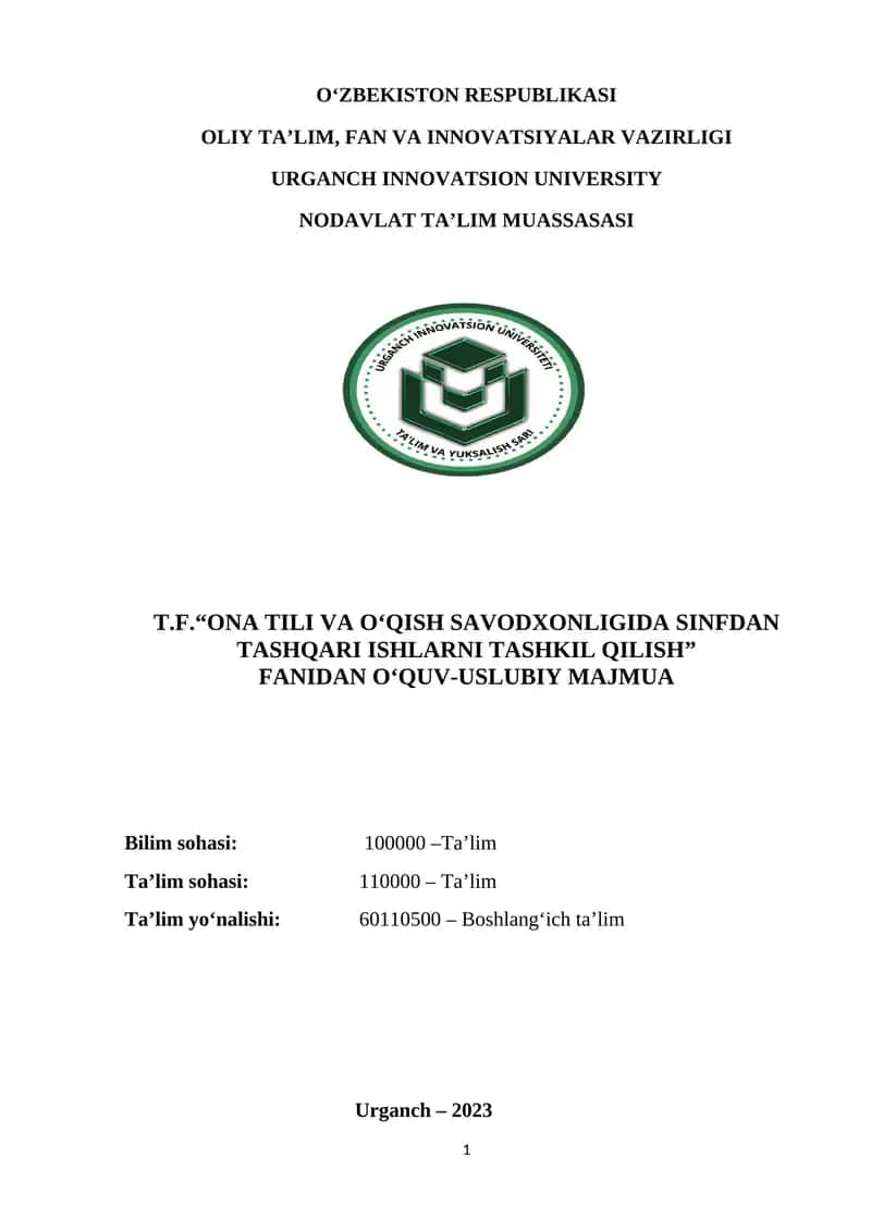 T.F.“ONA TILI va o‘qish savodxonligida SINFDAN TASHQARI ISHLARNI TASHKIL QILISH” 1