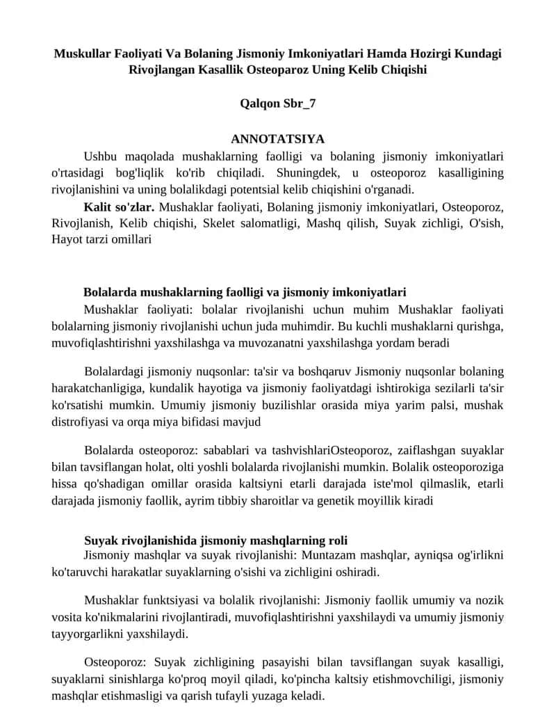 Muskullar Faoliyati Va Bolaning Jismoniy Imkoniyatlari Hamda Hozirgi Kundagi Rivojlangan Kasallik Osteoparoz Uning Kelib Chiqishi 1