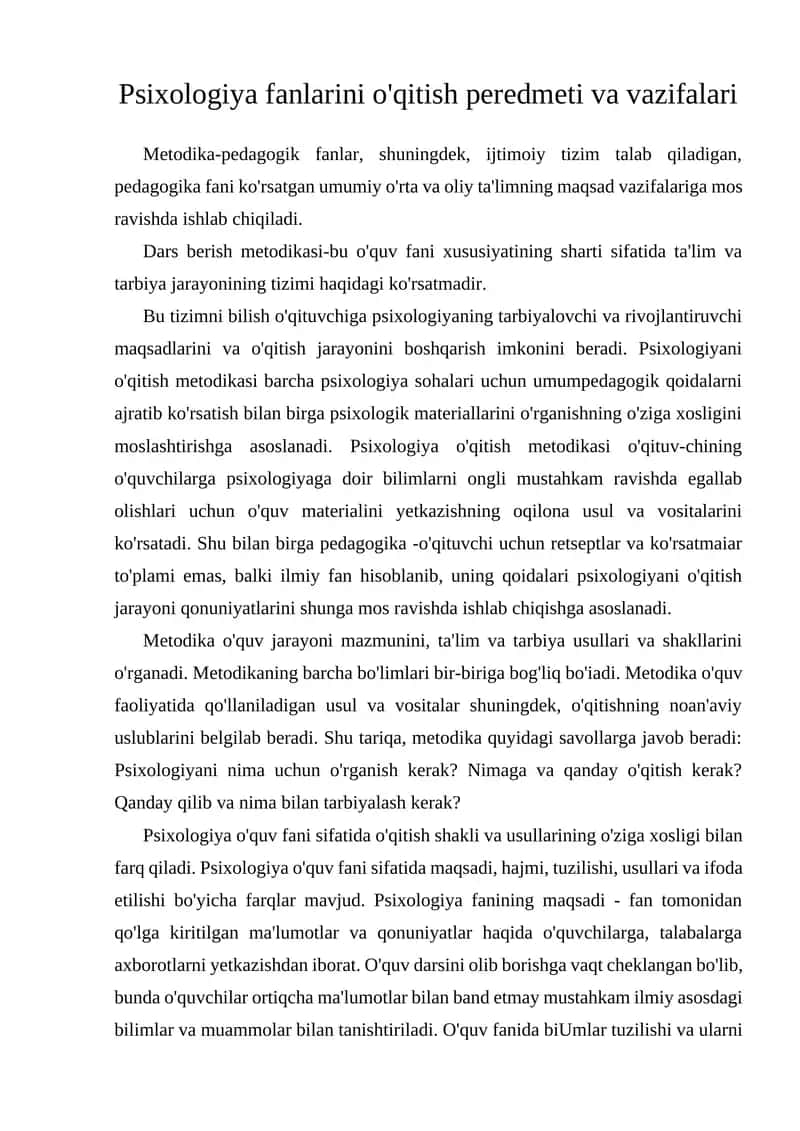 Psixologiya fanlarini o'qitish peredmeti va vazifalari 1