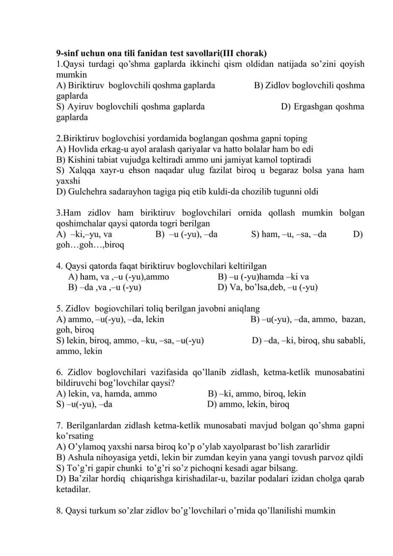 9-sinf uchun ona tili fanidan test savollari(III chorak) 1