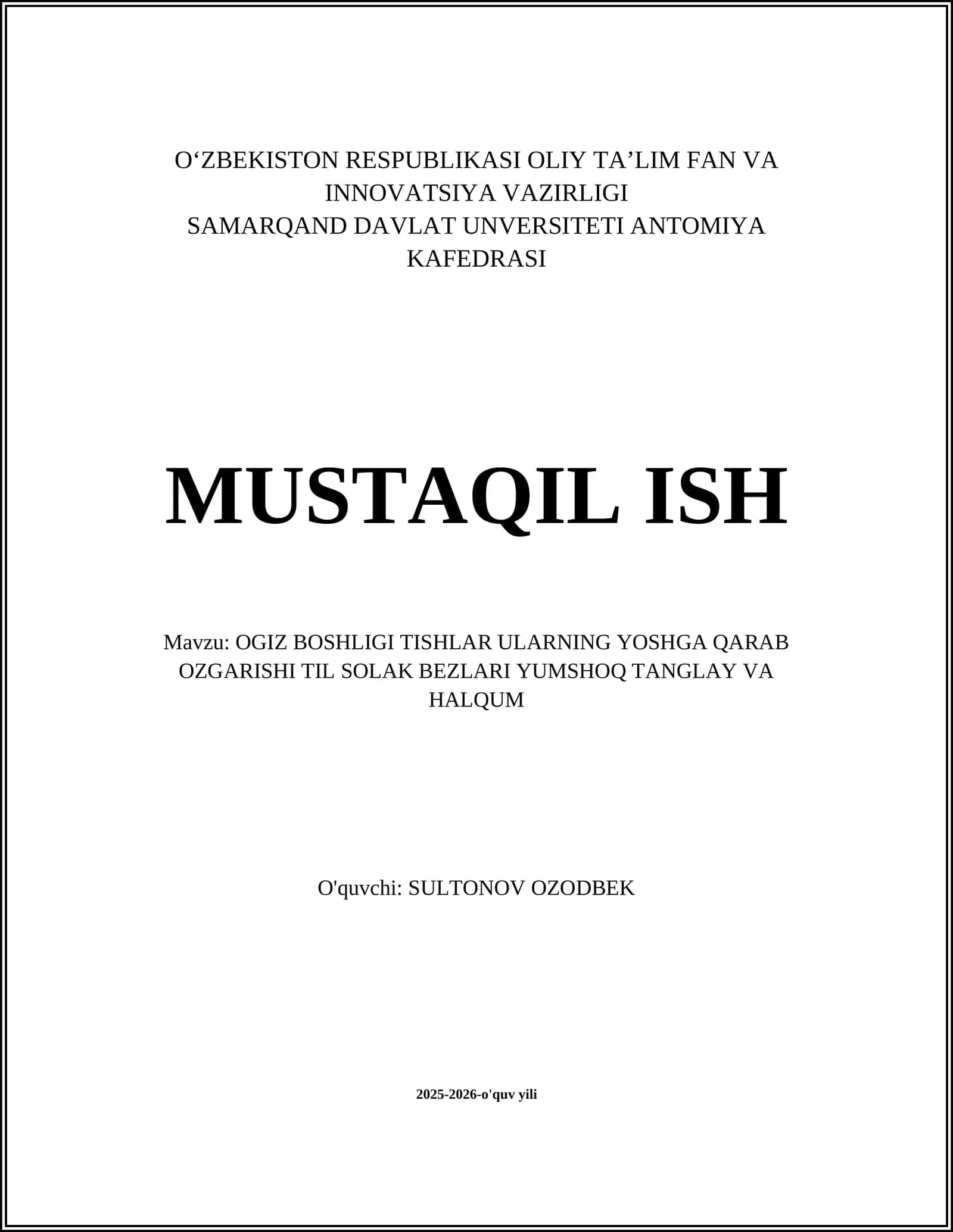 OGIZ BOSHLIGI TISHLAR ULARNING YOSHGA QARAB OZGARISHI TIL SOLAK BEZLARI YUMSHOQ TANGLAY VA HALQUM 1