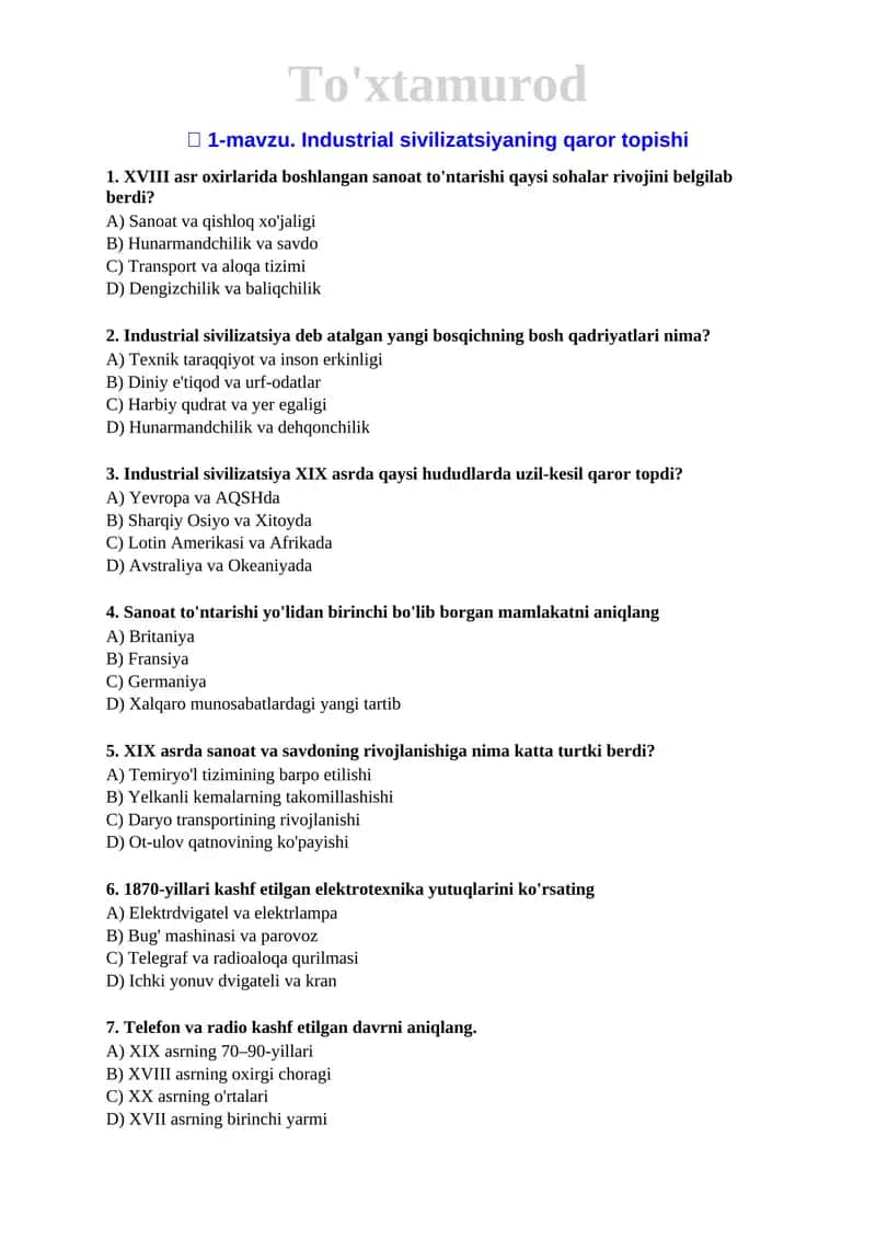 🏛️ Tarix fanidan FABIU uchun mavzulashtirilgan testlar to‘plami 📚🧠 1