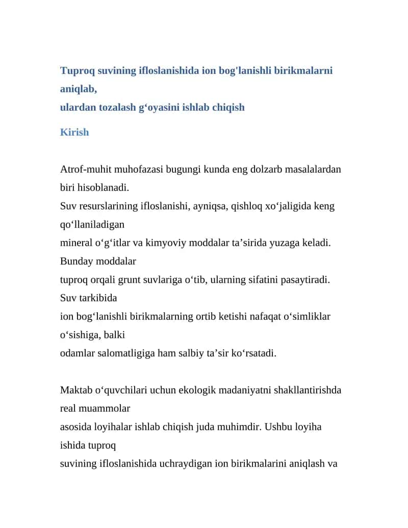 Tuproq suvining ifloslanishida ion bog'lanishli birikmalarni aniqlash va ularni tozalash 1