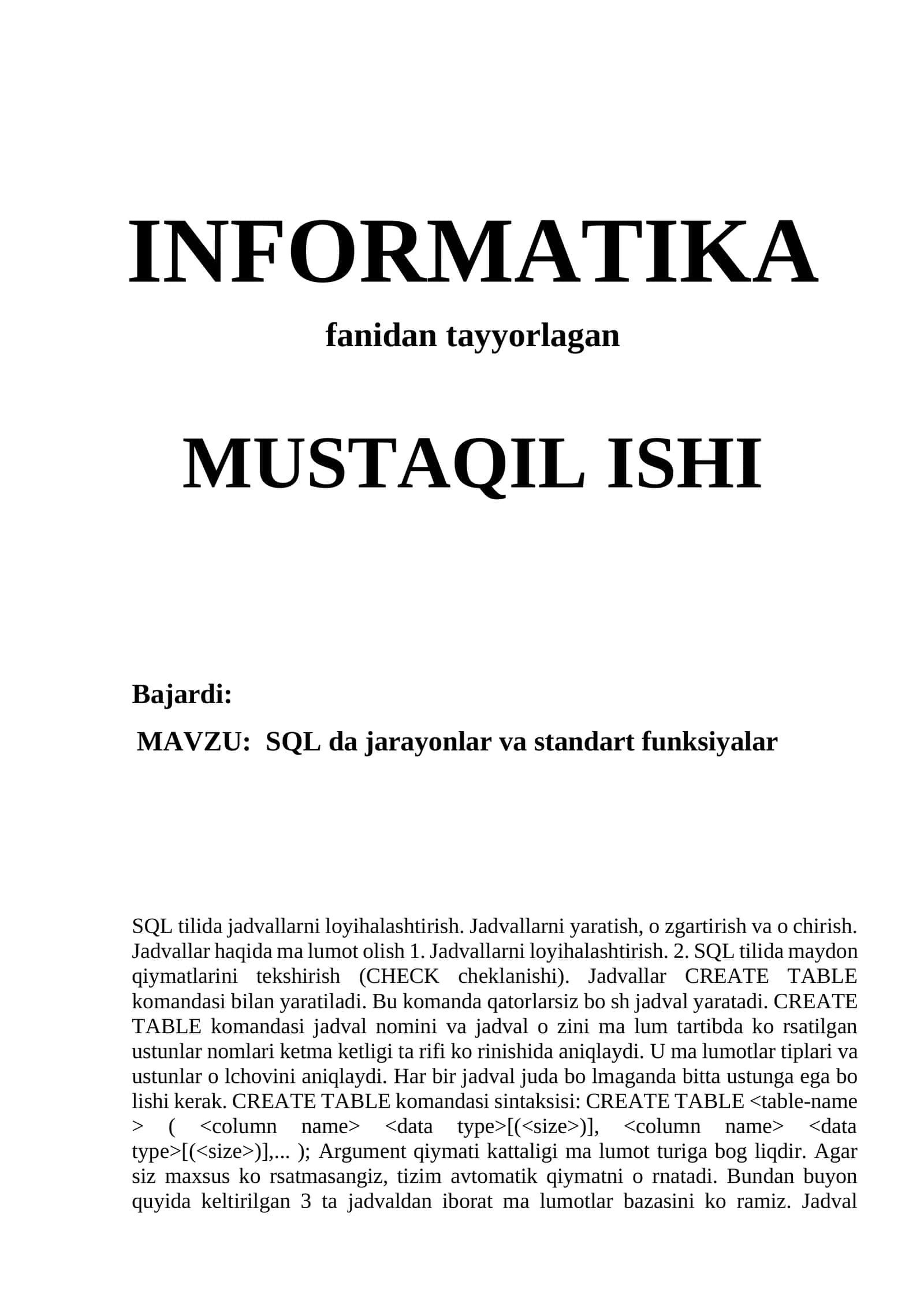 SQL da jarayonlar va standart funksiyalar 1