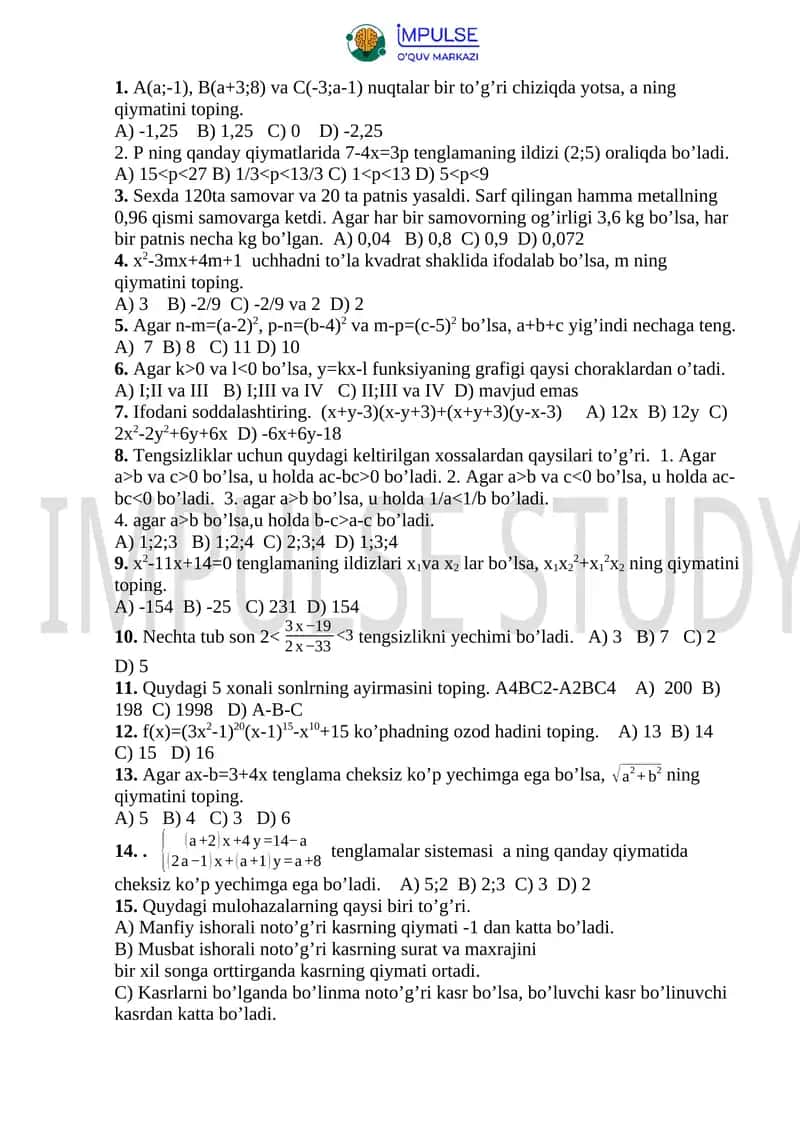 SAT SAVOLLARI O’rta daraja 1