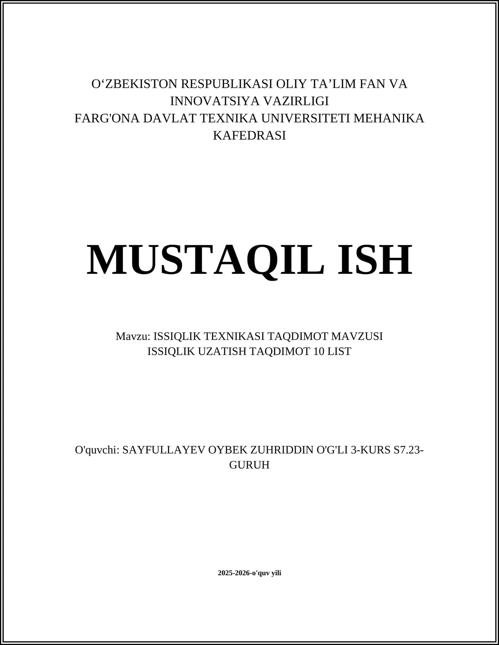 ISSIQLIK TEXNIKASI TAQDIMOT MAVZUSI 1