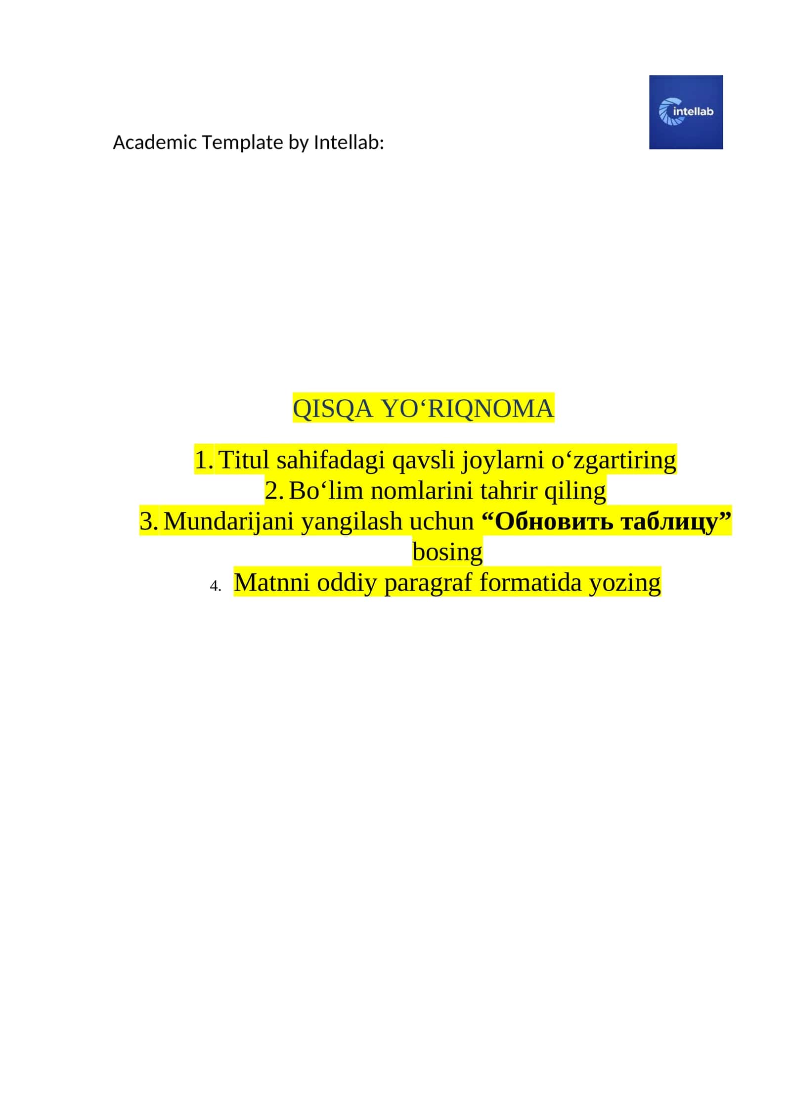 Mustaqil ish Word shabloni (OTM standarti, avtomatik mundarija va format) 1
