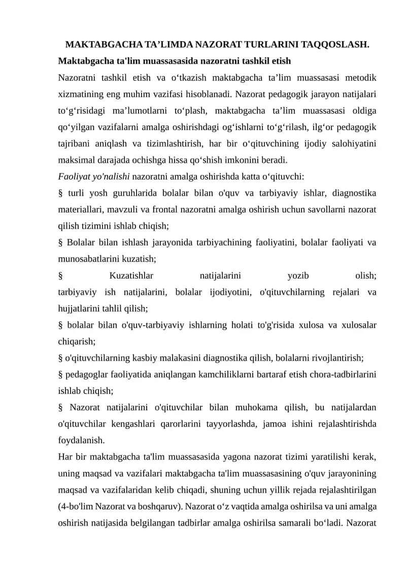 Maktabgacha taʼlimda nazorat turlarini taqqoslash 1
