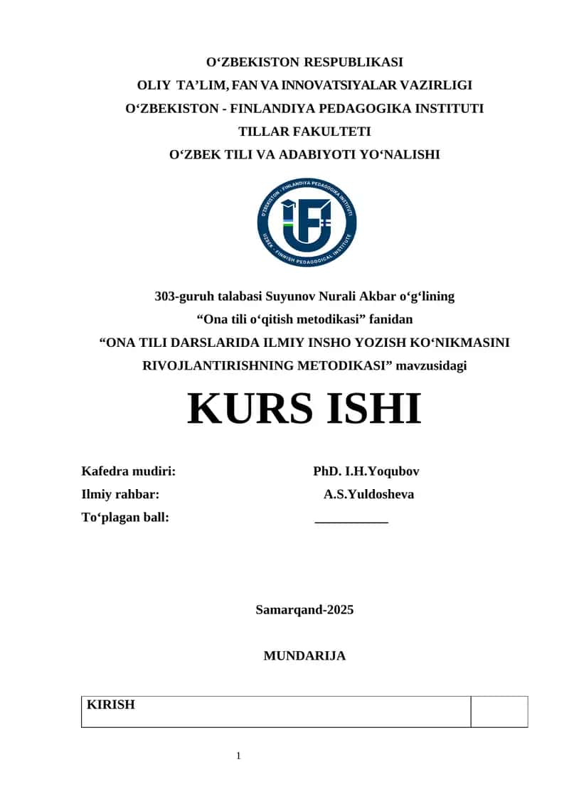 ONA TILI DARSLARIDA ILMIY INSHO YOZISH KO‘NIKMASINI RIVOJLANTIRISHNING METODIKASI 1