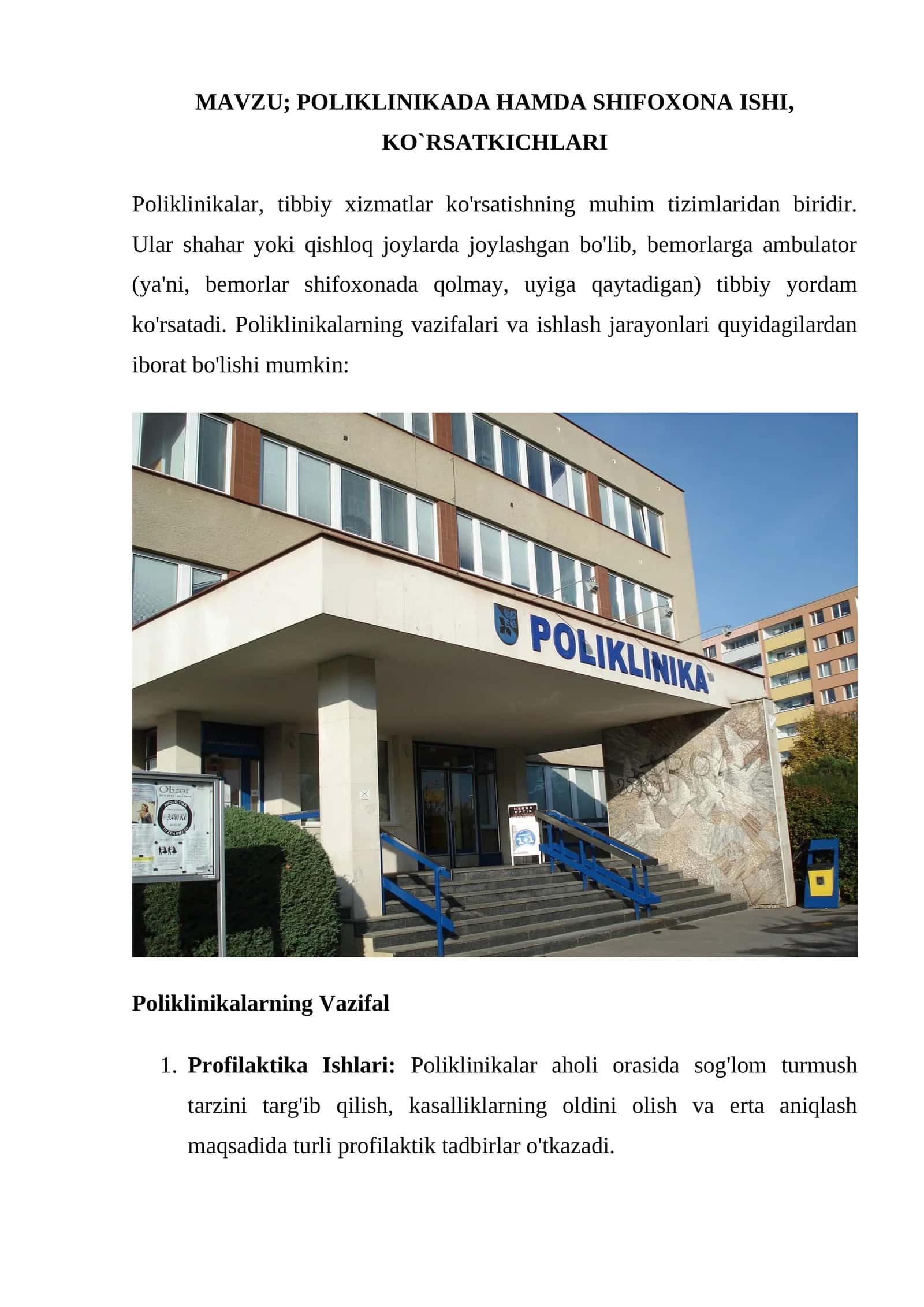POLIKLINIKADA HAMDA SHIFOXONA ISHI, KO`RSATKICHLARI 1