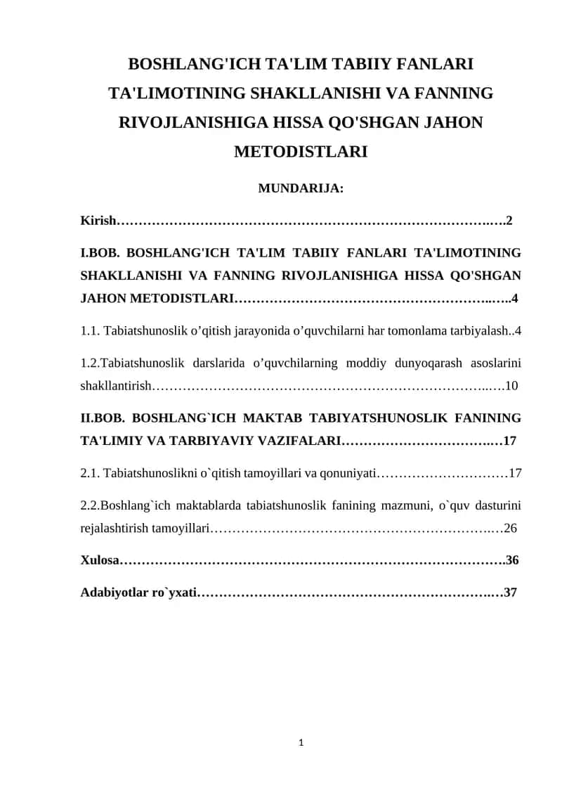 BOSHLANG'ICH TA'LIM TABIIY FANLARI TA'LIMOTINING SHAKLLANISHI VA FANNING RIVOJLANISHIGA HISSA QO'SHGAN JAHON METODISTLARI 1