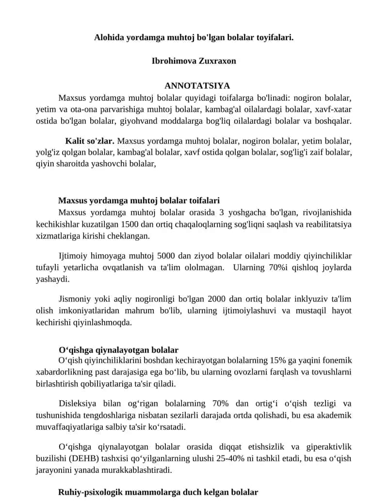 Maxsus yordamga muhtoj bolalar toyifalari 1