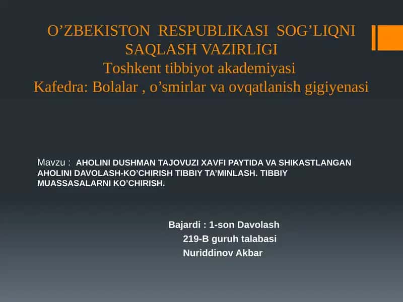 AHOLINI DUSHMАN TAJOVUZI ХАVFI PAYTIDA VA SHIKASTLANGAN AHOLINI DAVOLASH-KO’CHIRISH TIBBIY TA’MINLASH.TIBBIY MUASSASALARNI KO’CHIRISH. 1