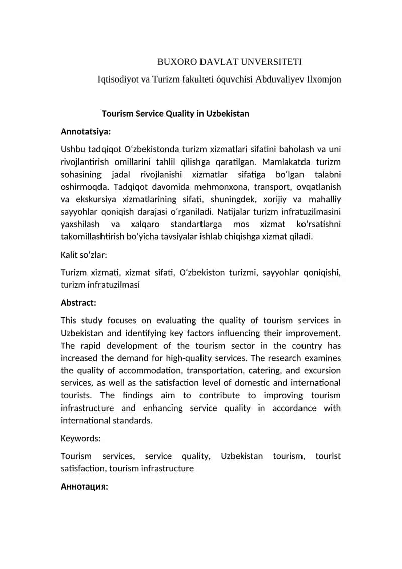 Turizm xizmatlarining sifati O‘zbekistonda 1