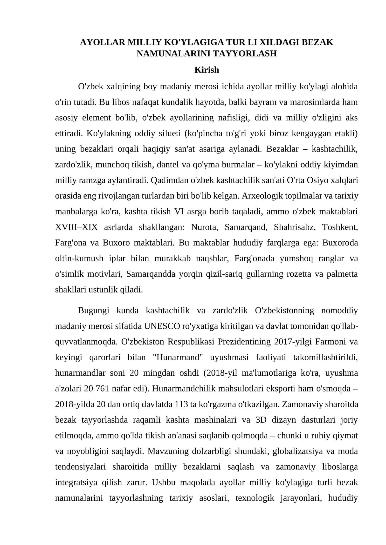 AYOLLAR MILLIY KO'YLAGIGA TURLI XILDAGI BEZAK NAMUNALARINI TAYYORLASH 1