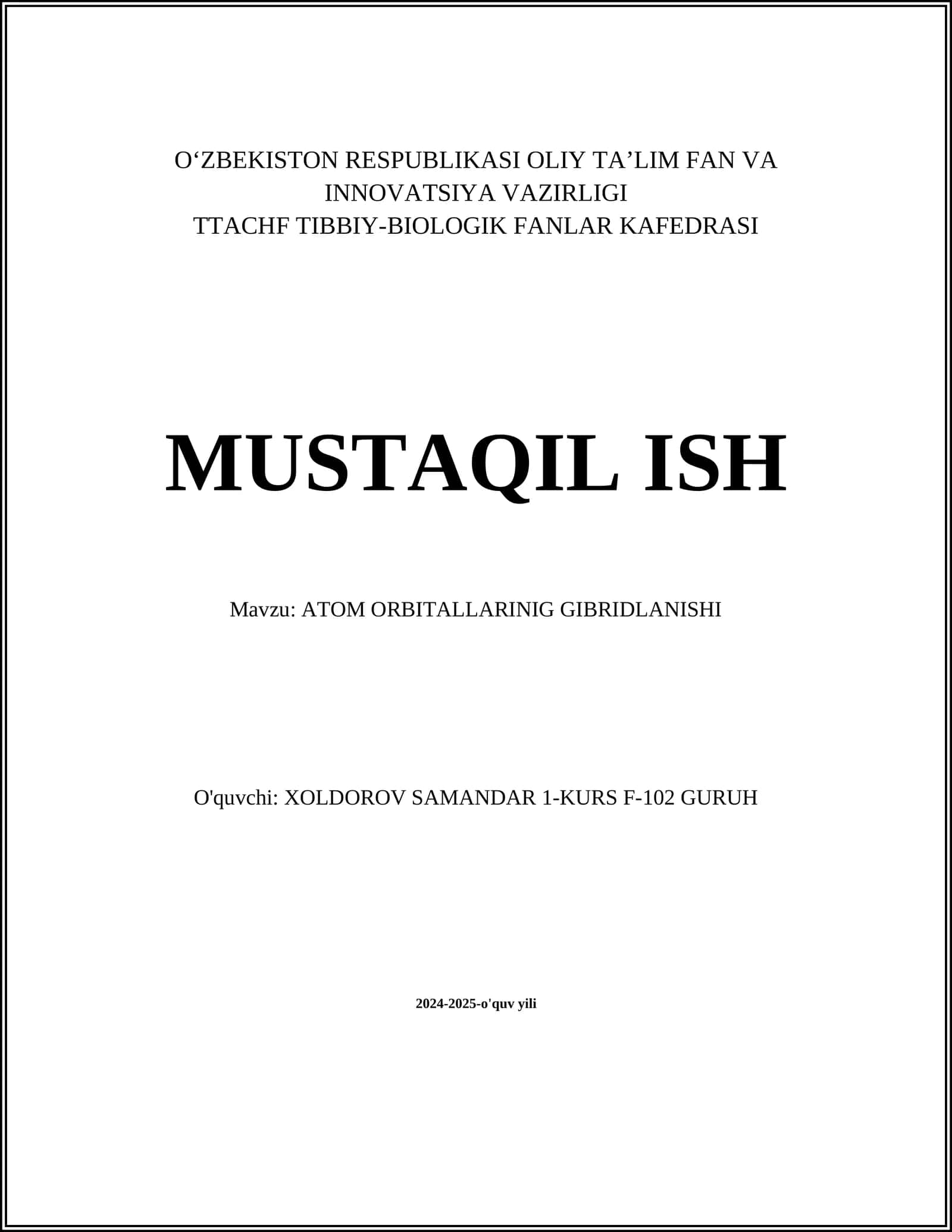 ATOM ORBITALLARINIG GIBRIDLANISHI 1