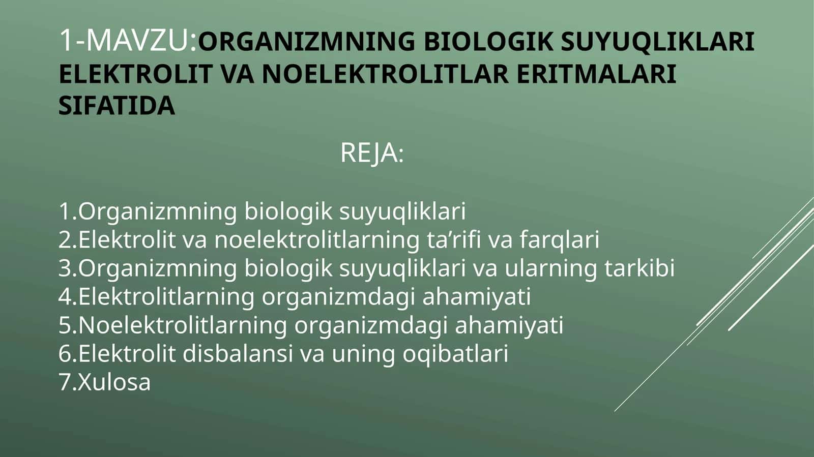 ORGANIZMNING BIOLOGIK SUYUQLIKLARI ELEKTROLIT VA NOELEKTROLITLAR ERITMALARI SIFATIDA 1