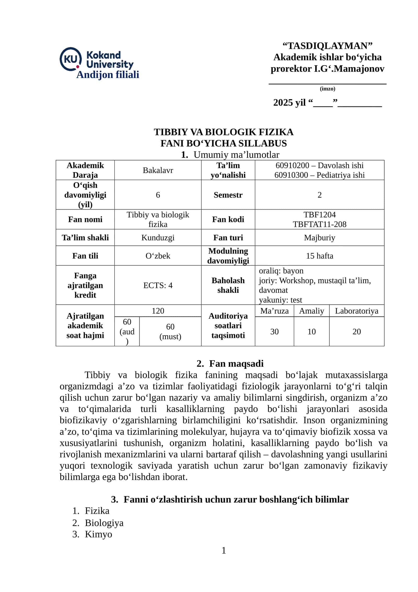TIBBIY VA BIOLOGIK FIZIKA FANI BO‘YICHA SILLABUS 1