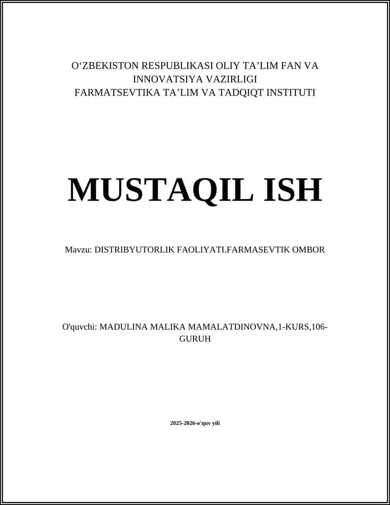 DISTRIBYUTORLIK FAOLIYATI.FARMASEVTIK OMBOR 1