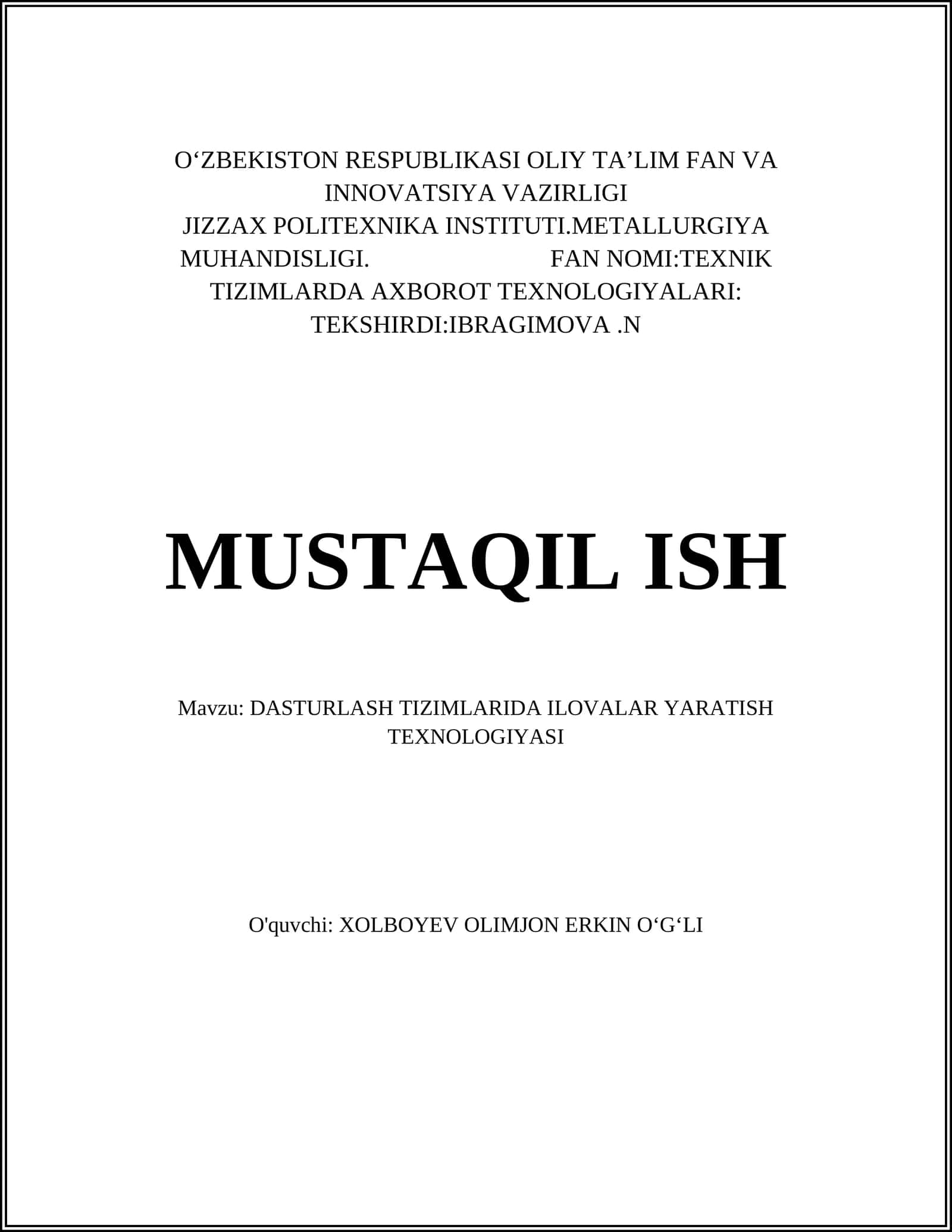 DASTURLASH TIZIMLARIDA ILOVALAR YARATISH TEXNOLOGIYASI 1