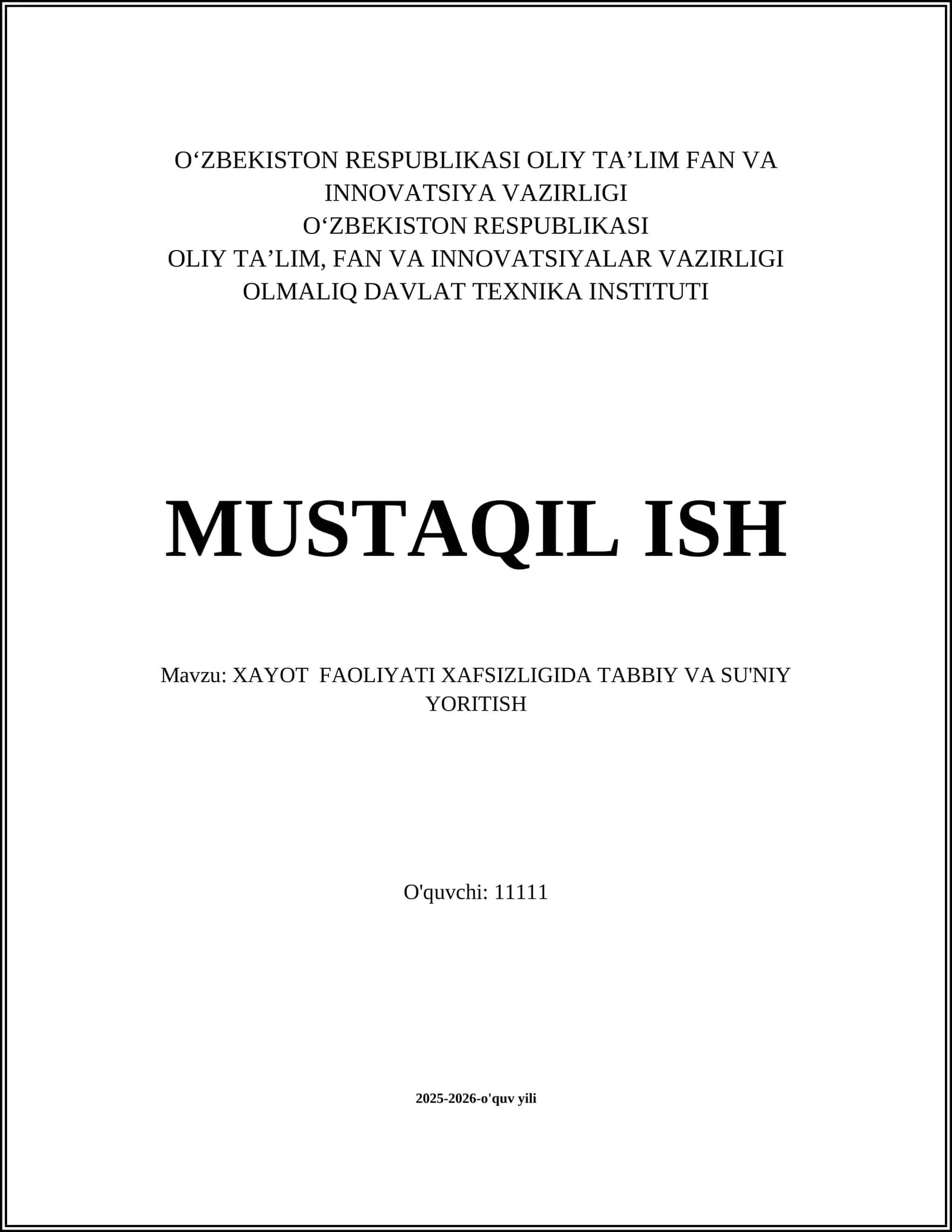 XAYOT FAOLIYATI XAFSIZLIGIDA TABBIY VA SU'NIY YORITISH 1