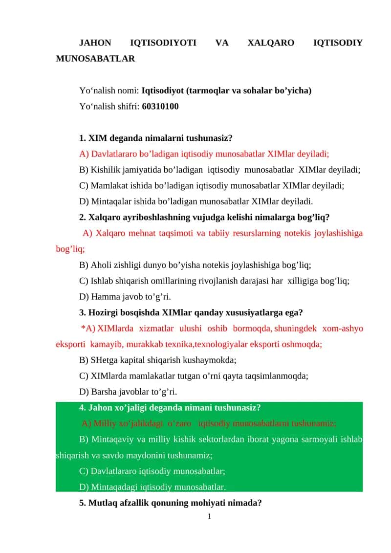 JAHON IQTISODIYOTI VA XALQARO IQTISODIY MUNOSABATLAR 1