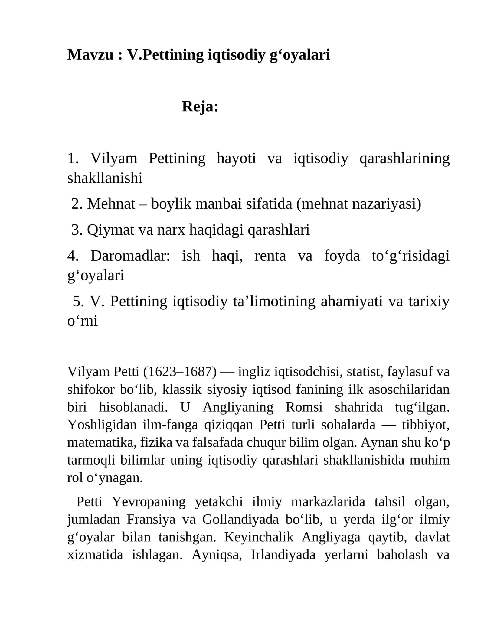 V.Pettining iqtisodiy g‘oyalari 1