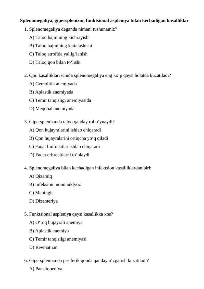 Splenomegaliya, gipersplenizm, funktsional aspleniya bilan kechadigan kasalliklar 1