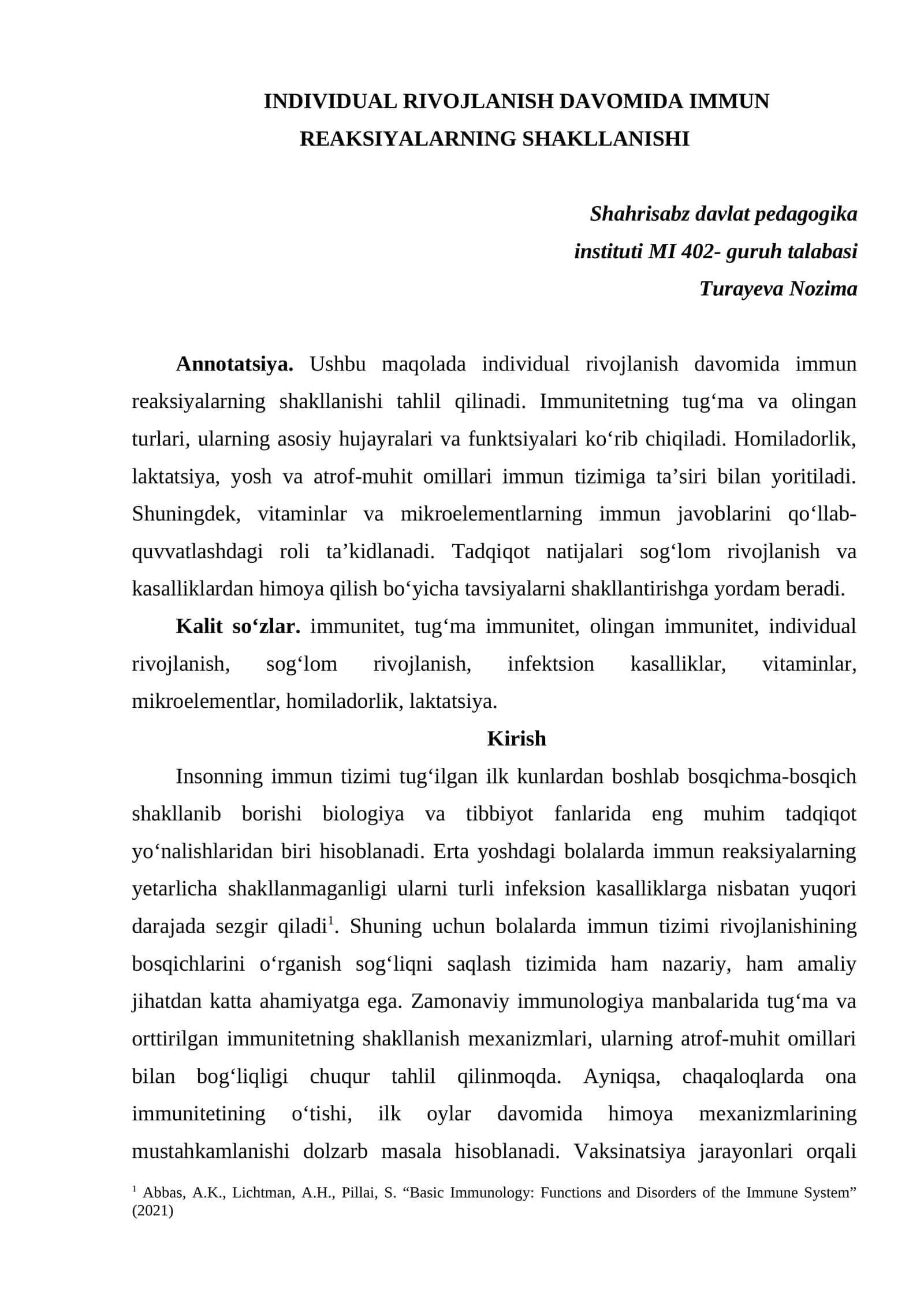 INDIVIDUAL RIVOJLANISH DAVOMIDA IMMUN REAKSIYALARNING SHAKLLANISHI 1
