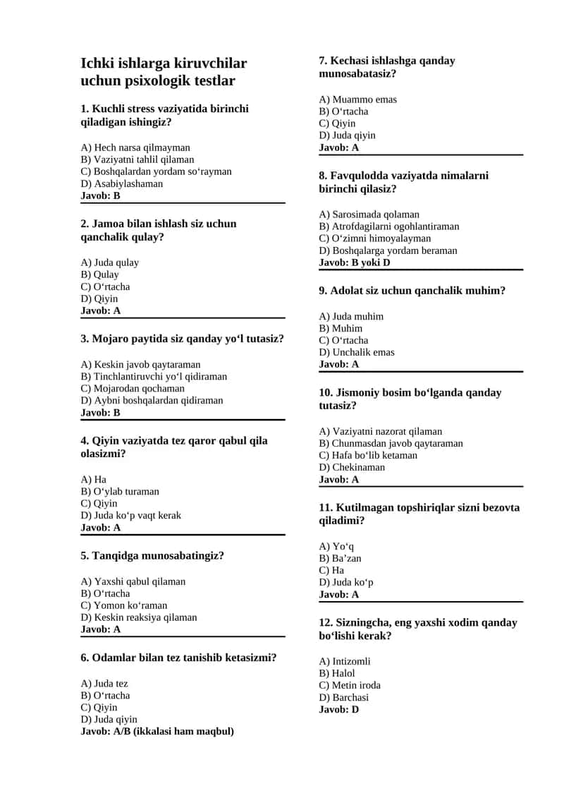 Ichki ishlarga kiruvchilar uchun psixologik testlar 1