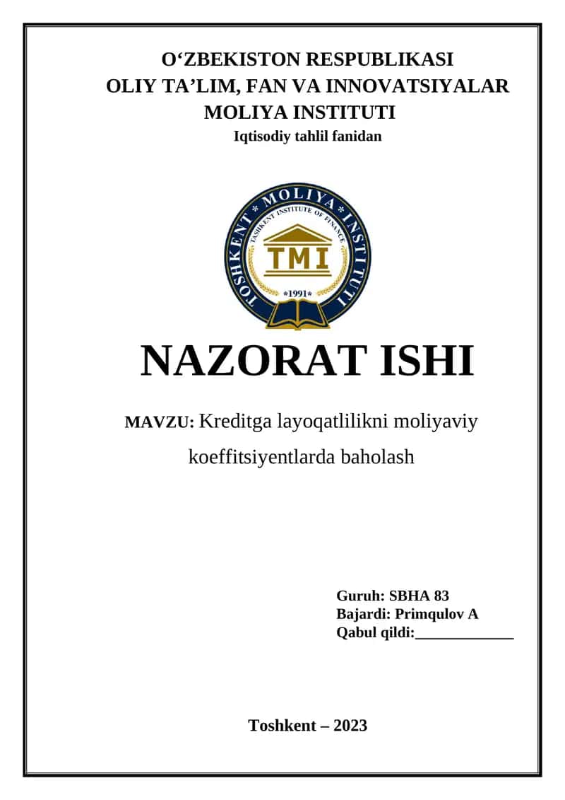 Kreditga layoqatlilikni moliyaviy koeffitsiyentlarda baholash 1