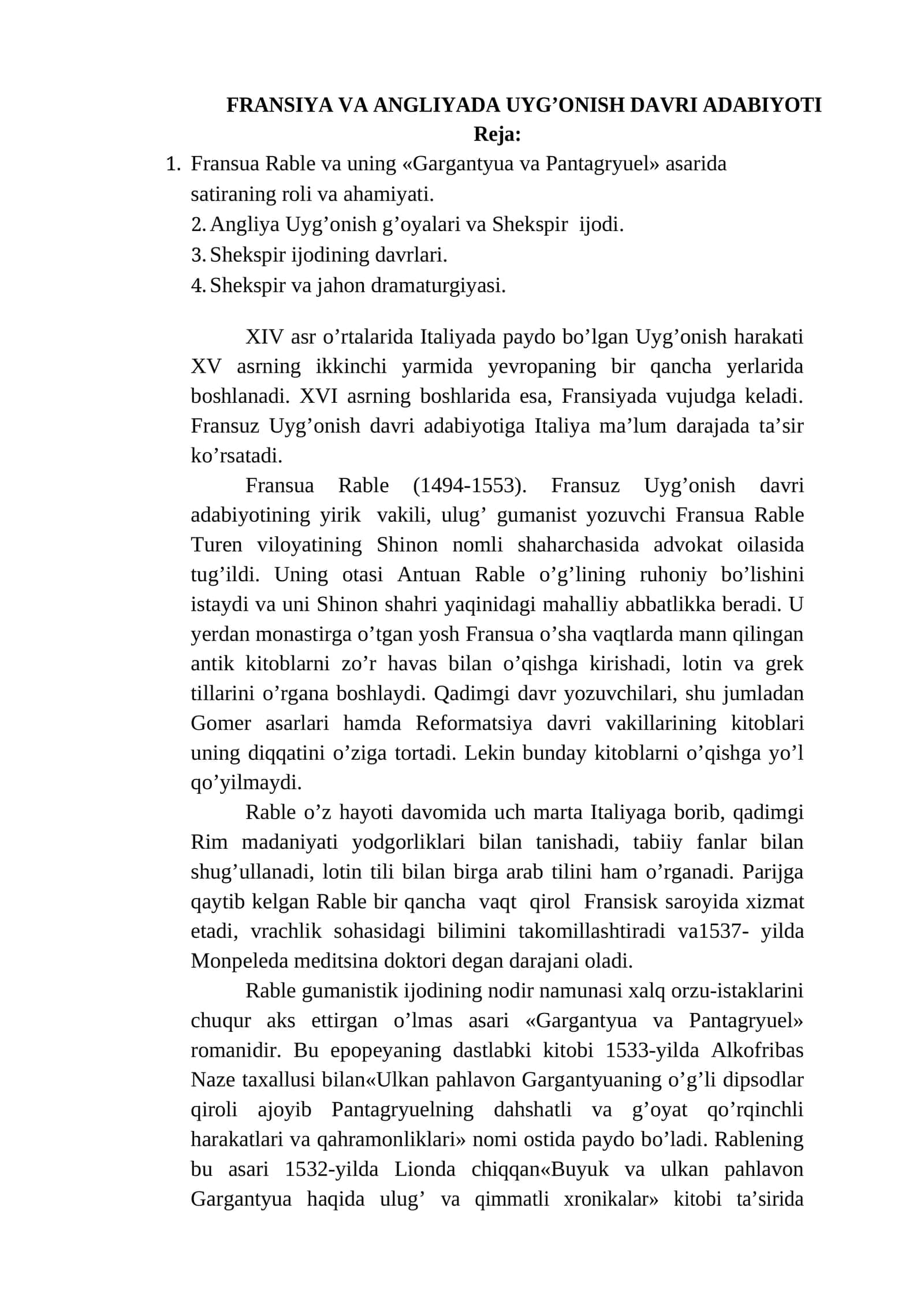 Fransiya va Angliyada Uyg’onish Davri Adabiyoti 1