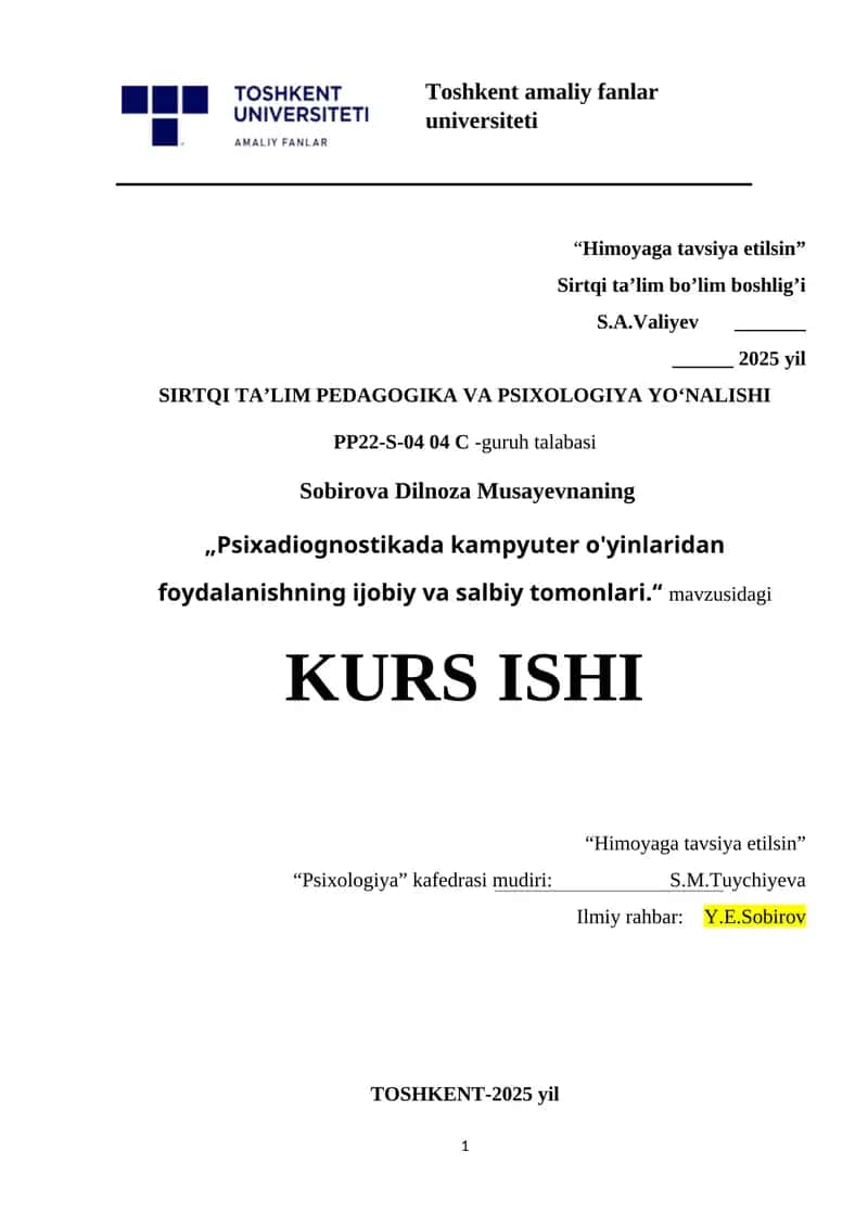 Psixadiognostikada kampyuter o'yinlaridan foydalanishning ijobiy va salbiy tomonlari 1