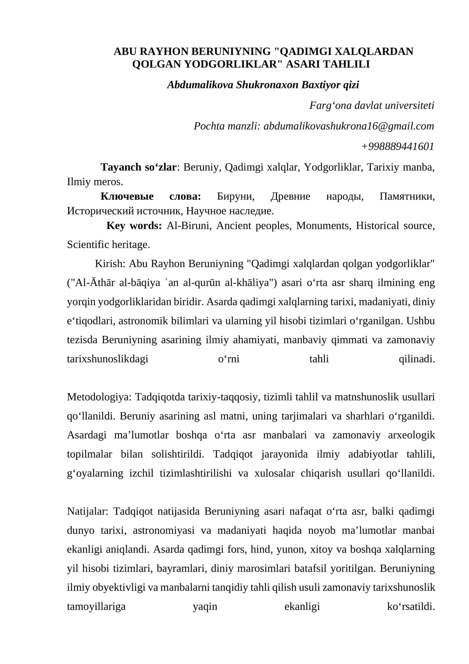 Abu Rayhon Beruniyning "Qadimgi Xalqlardan Qolgan Yodgorliklar" Asari Tahlii 1