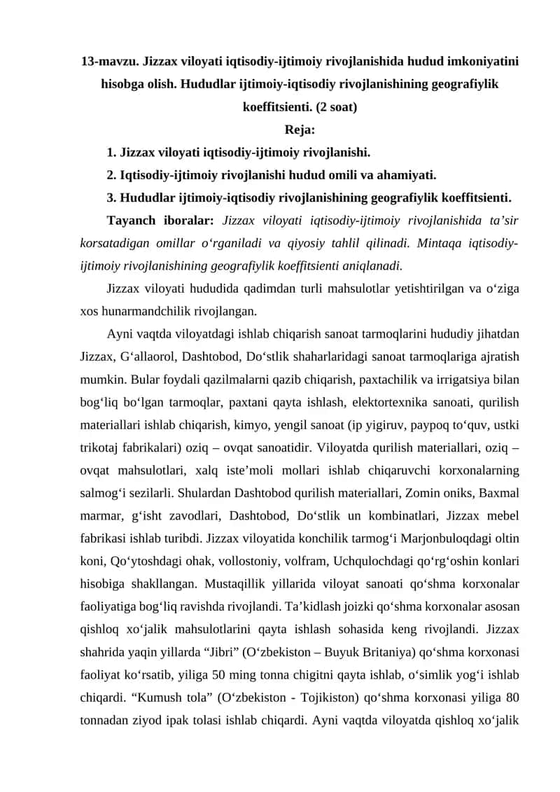 Jizzax Viloyati Iqtisodiy-Ijtimoiy Rivojlanish 1