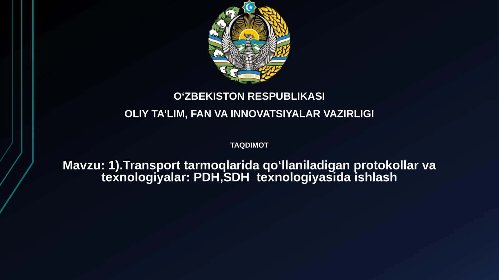 Transport tarmoqlarida qo‘llaniladigan protokollar va texnologiyalar: PDH, SDH texnologiyasida ishlash 1