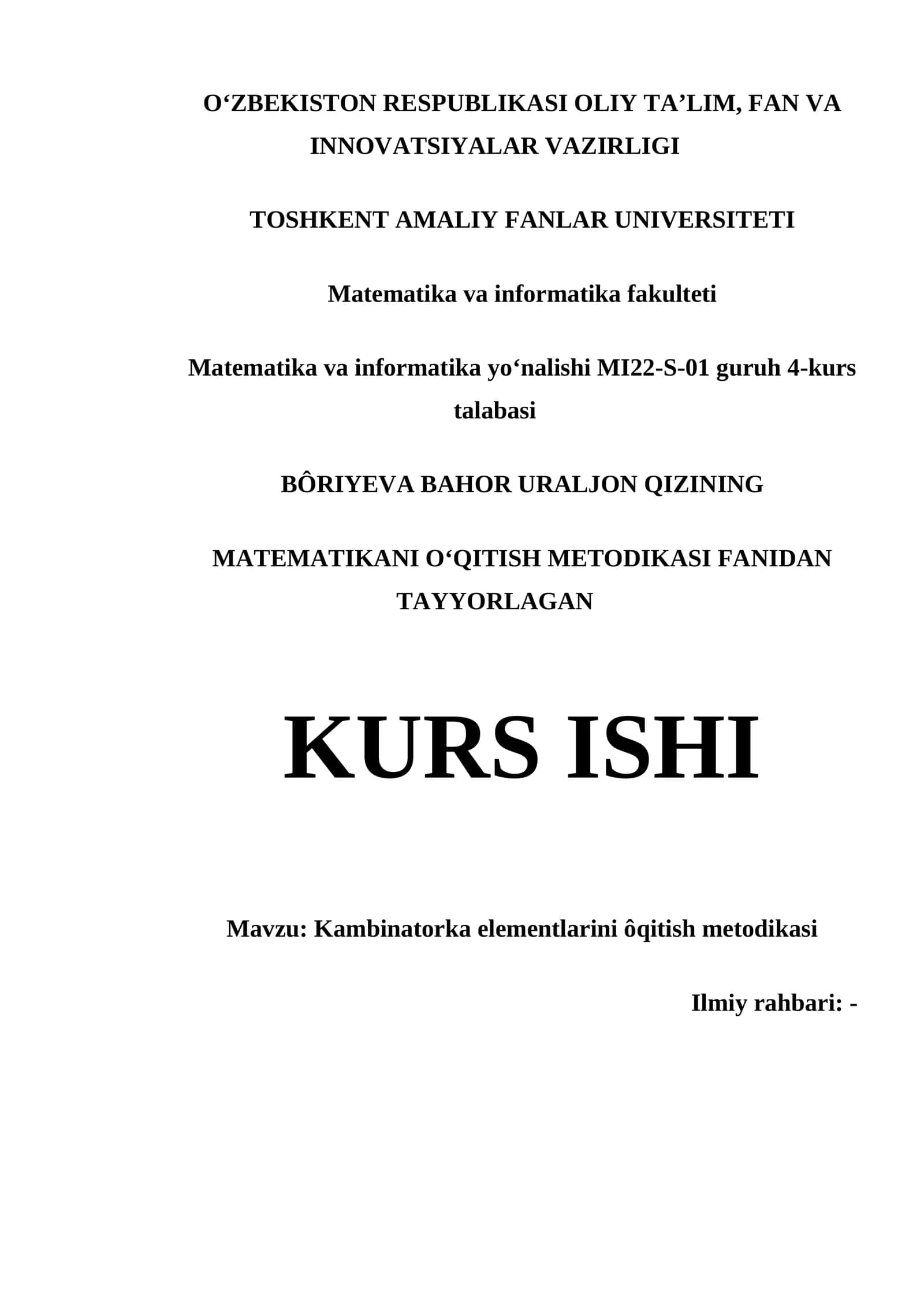 KAMBINATORKA ELEMENTLARINI ÔQITISH METODIKASI 1